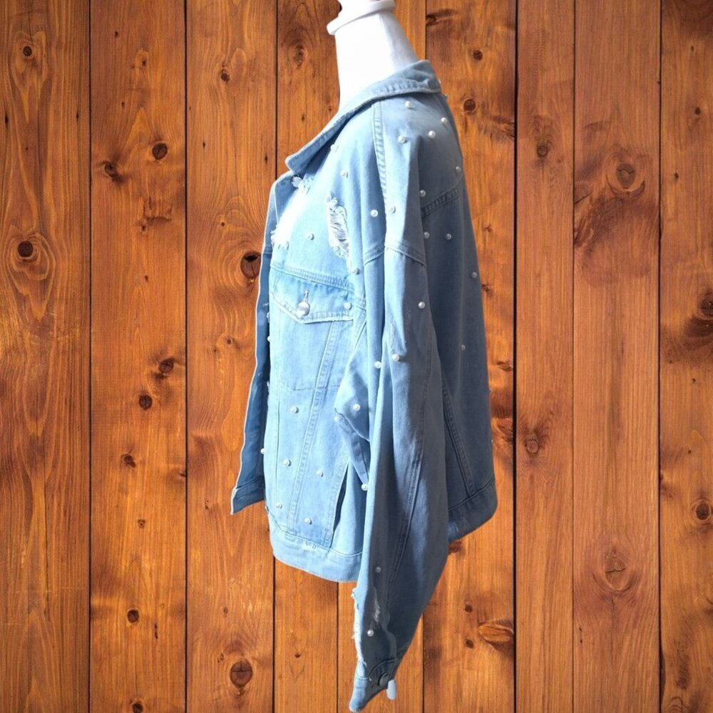 Fashion Nova Size 1X Distressed Beaded Blue Denim Jacket Grunge City Casual - Picture 7 of 8